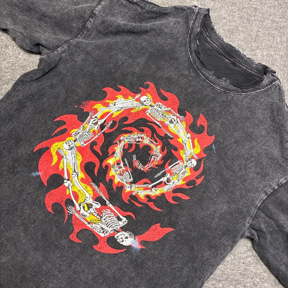 Vintage Japan Unbranded‎ Skeleton Spiral Fire Shirt Men Medium Black Distressed